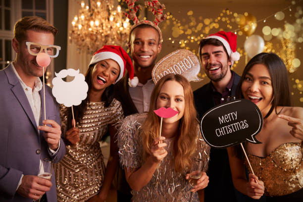 Modern photo booth setup with backdrop and props